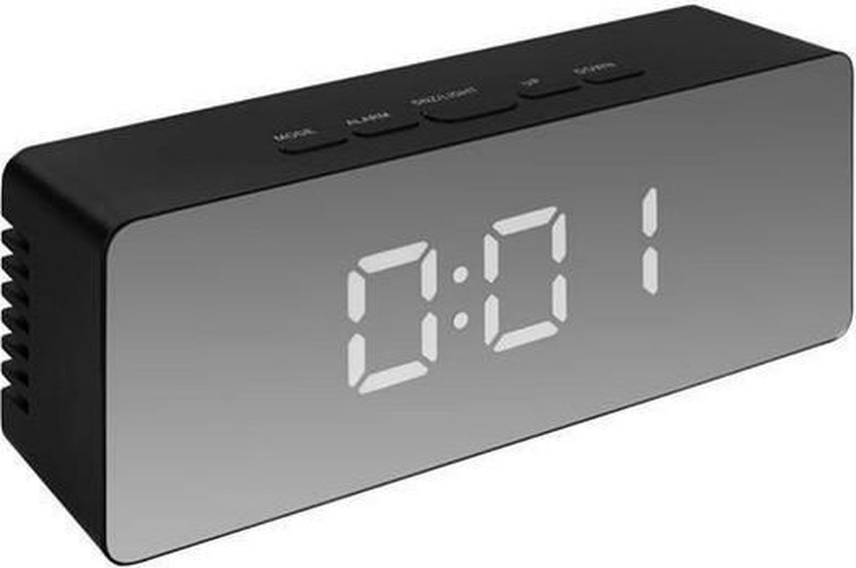Wekker. Klok met alarm. Thermometer. Spiegel zwart