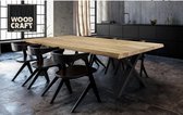Woodcraft - Eettafel met stalen X-Frame en Massief Eikenhouten blad 160x95 cm - Strak industrieel Design - Edgy rand