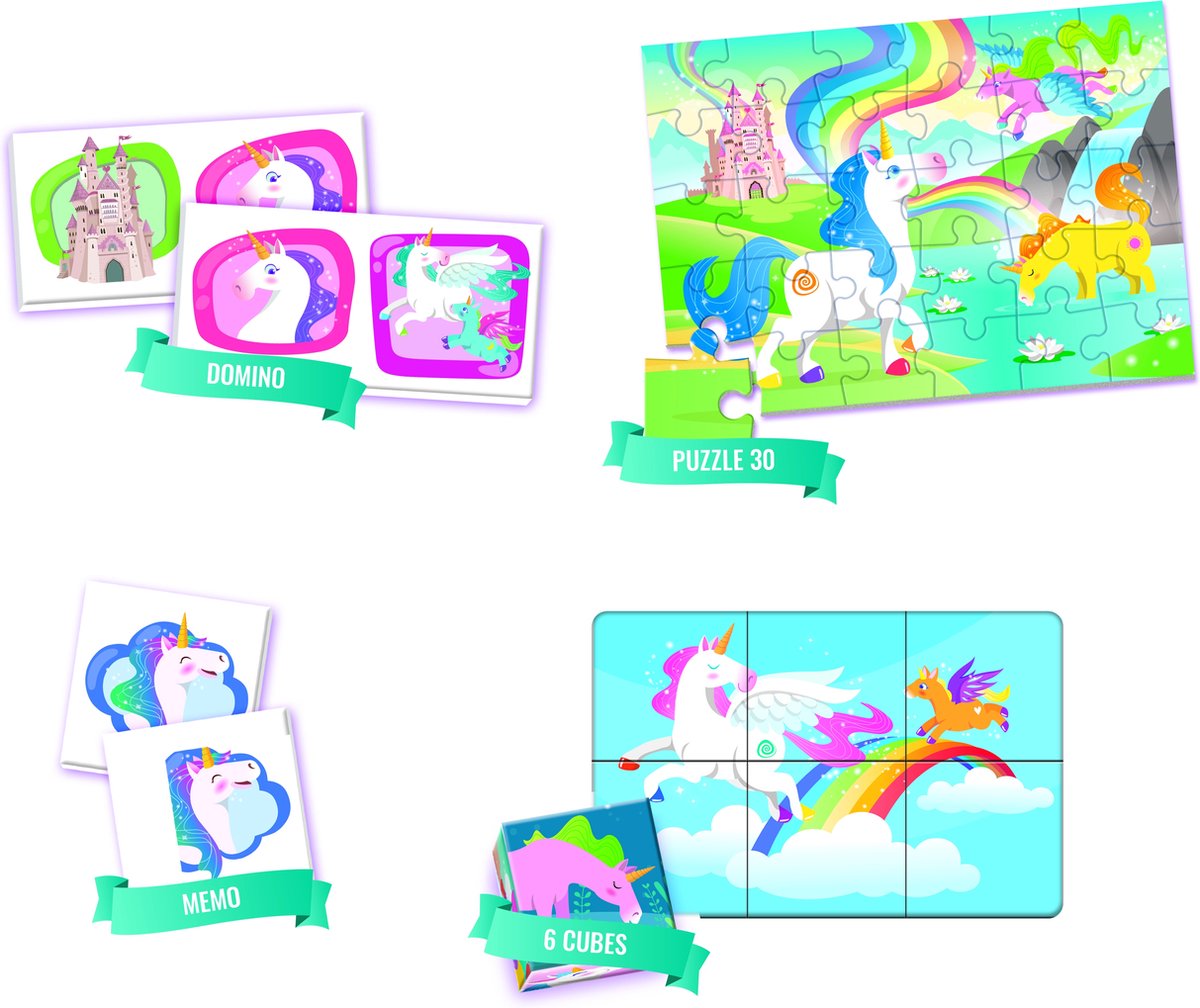 Clementoni - Edukit 4 in 1 - Eenhoorn (puzzelblokken, domino spel ...