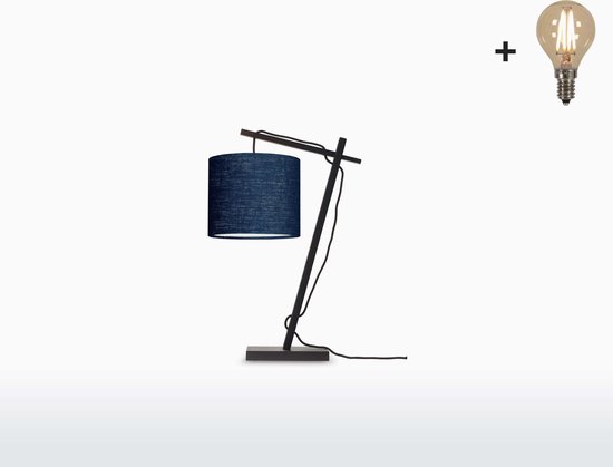 Tafellamp – ANDES – Zwart Bamboe - Blauw Linnen - Met LED-lamp