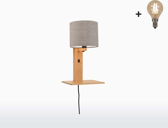 Wandlamp met boekenplank - ANDES - Naturel Bamboe - Donker Linnen - Met LED-lamp