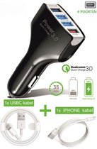 Autolader Quick Charge 3.0 Zwart Inclusief (2x) oplaad kabel (1x) Iphone Lightning (1x) USBC Snellader 4 Poorten Usb Telefoon Oplader Voor Samsung Voor Iphone 11 X QC3.0 Mobiele telefoon | Au