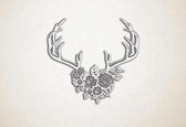 Wanddecoratie - Rendier hoorns met bloemen - XS - 25x27cm - EssenhoutWit - muurdecoratie - Line Art