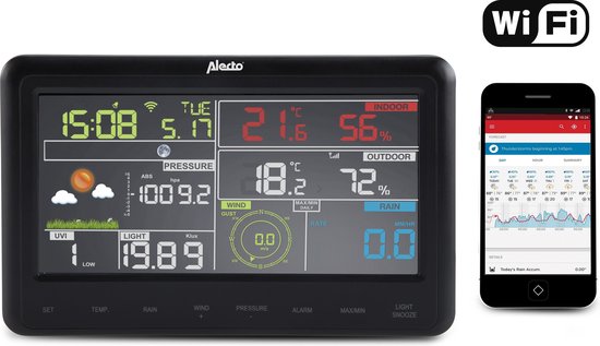 Alecto weerstation display en smartphone met weersvoorspelling, met WiFi-logo.