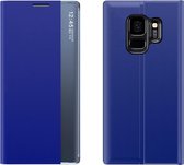 Voor Galaxy S9 Plus Zijdisplay Met Magnetische / Beugelfunctie / Slaapfunctie Effen textuur Doek + PC Flip Case (blauw)