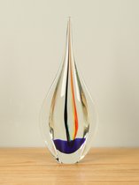 Beeld uit glas met gekleurde lijnen, 39 cm. Druppel uit glas, Glaspegel, Glazenbeeld (2A016)