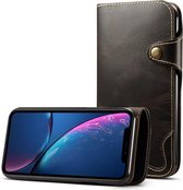 Voor iphone xr denior olie wax koeienhuid magnetische knop horizontale flip lederen case met kaartsleuven en portemonnee (bruin)