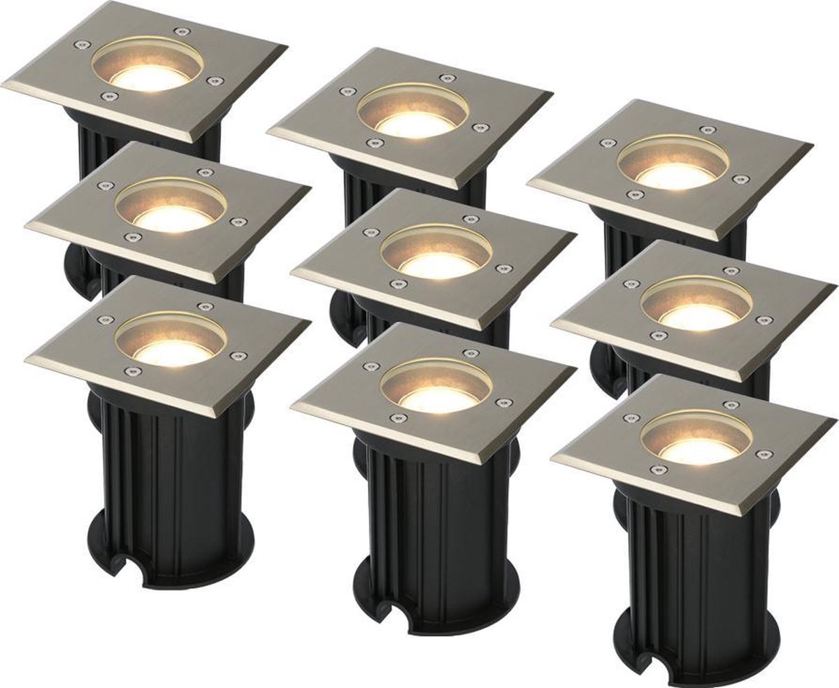 HOFTRONIC 9x HOFTRONIC Ramsay - Grondspot - RVS - IP67 waterdicht - 2700K Warm wit - Dimbaar - Verwisselbare GU10 - Vierkant - ook geschikt als padverlichting en vlonderverlichting