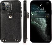 Schokbestendig PU-leer + TPU-beschermhoes met kaartsleuf en lanyard voor iPhone 12/12 Pro (zwart)