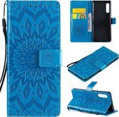 Voor LG G9 Geperst Afdrukken Zonnebloem Patroon Horizontale Flip PU Lederen Case Houder & Kaartsleuven & Portemonnee & Lanyard (Blauw)