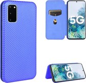 Voor Samsung Galaxy S20 koolstofvezel textuur magnetische horizontale flip TPU + pc + PU lederen tas met touw en kaartsleuf (blauw)