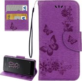 Voor Sony Xperia E5 Vlinders Embossing Horizontale Flip Leren Case met Houder & Kaartsleuven & Portemonnee & Lanyard (Paars)