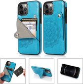 Mandala reliëfpatroon PU + TPU beschermhoes met kaartsleuven en houder voor iPhone 12/12 Pro (blauw)