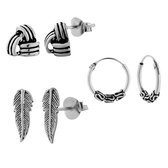 Cadeautip | Oorbellen set | Zilveren oorbellen set, veertje, knoop en Bali hoops