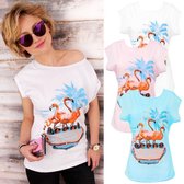 K477 Katoenen blouse, T-shirt, grappige flamingo geel s