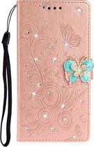 Voor Xiaomi Redmi Note 8T Diamond Encrusted Butterflies Love Flowers Pattern Horizontal Flip Leather Case with Holder & Card Slots & Wallet & Lanyard (Rose Gold)