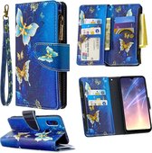 Voor xiaomi redmi 7 gekleurde tekening patroon rits horizontale flip lederen case met houder & kaartsleuven & portemonnee (gouden vlinder)