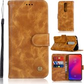 Voor xiaomi redmi k20 pro retro koperen knop gek paard horizontale flip pu lederen case met houder & kaartsleuven & portemonnee & lanyard (goud geel)