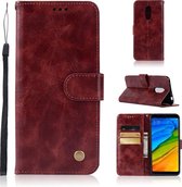 Voor xiaomi redmi 5 retro koperen knop gek paard horizontale flip pu lederen case met houder & kaartsleuven & portemonnee & lanyard (wijnrood)