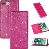 Voor iPhone 8 Plus / 7 Plus ultradunne glitter magnetische horizontale flip lederen tas met houder en kaartsleuven (rose rood)
