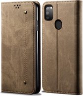 Voor Galaxy M30s denim textuur casual stijl horizontale flip lederen tas met houder en kaartsleuven en portemonnee (kaki)