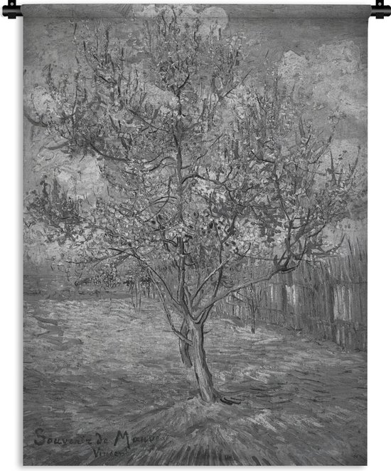 Wandkleed Vincent van Gogh - De roze perzikboom in zwart wit - Schilderij van Vincent van Gogh Wandkleed katoen 120x160 cm - Wandtapijt met foto XXL / Groot formaat!