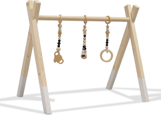 Houten babygym Wit, met kralen hangers Olifant en ring| Tipi vorm massief  hout | bol.com