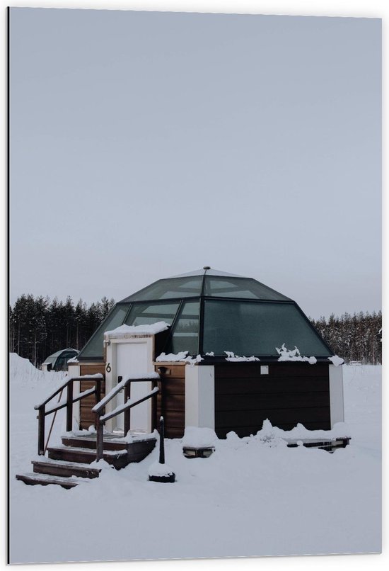 Dibond - Kleine Glazen Huisjes onder de Sneeuw - 60x90cm Foto op Aluminium (Wanddecoratie van metaal)