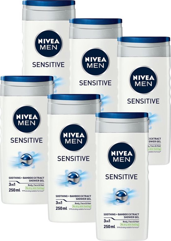 NIVEA MEN Sensitive Douchegel - 3-in-1 Shower Gel - Shampoo - Voordeelverpakking - 6 x 250 ml