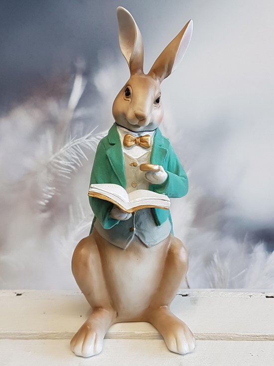 Zittend konijn met jas uit velours - 40 cm hoog