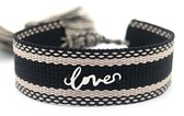 Stoffen Armband Dames - RVS Bedel Love - Lengte Verstelbaar - Zwart en Zilverkleurig