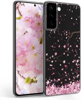 kwmobile telefoonhoesje voor Samsung Galaxy S21 Plus - Hoesje voor smartphone in poederroze / donkerbruin / transparant - Kersenbloesembladeren design