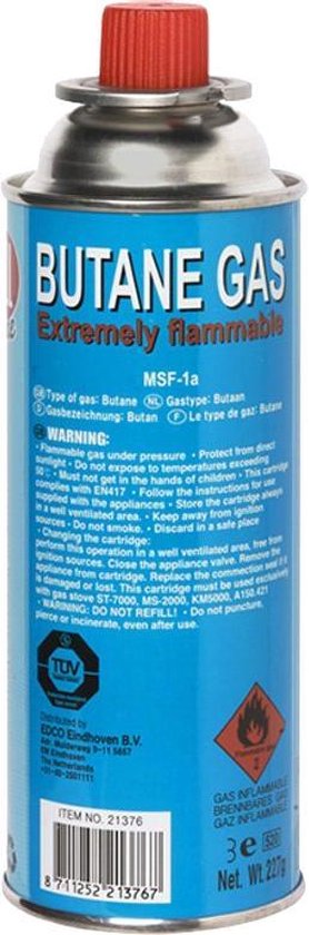 Blauwe gasbus met rode dop, waarschuwingen en "BUTANE GAS Extremely flammable" in het Nederlands en Engels.