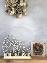 Paasdecoratie - Paasornament met 3 x ei in houtkleur en 1 x de tekst Vrolijk Pasen inclusief voetstuk - Pasen - Paasei - Paaseieren - paasversiering