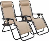 Tuinstoel - Ligstoel - Relax stoel - Zonnestoelen - Bekerhouder - Beige - Set van 2 stuks - Strandstoel