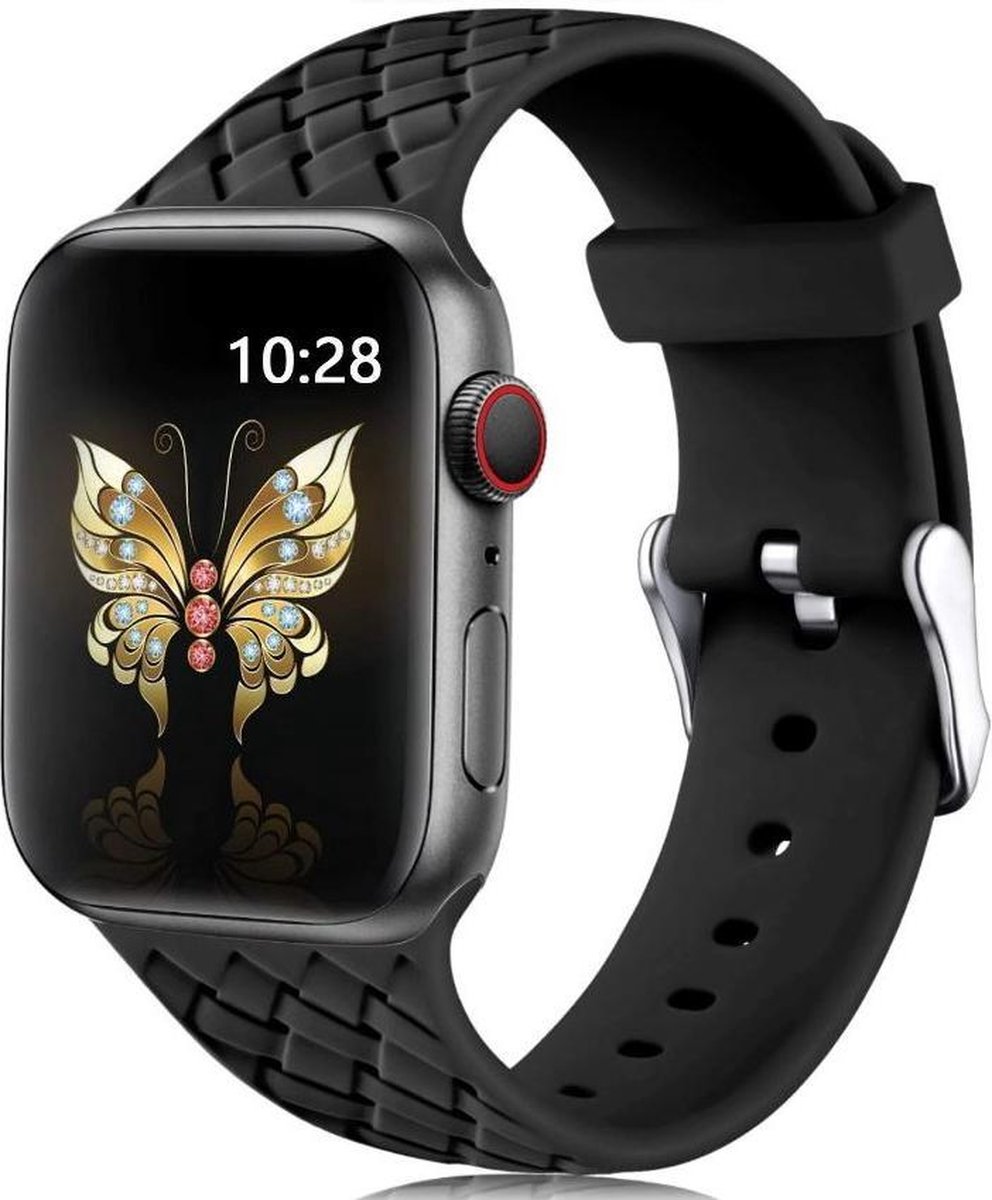 Zwart Siliconen Horloge Band geschikt voor Apple Watch 1, 2, 3, 4, 5, 6, 7, 8, SE, 42mm & 44mm "Mannenbreedte" Series – Maat: zie maatfoto - Soepel hoogwaardig siliconen - 42 mm en 44 mm