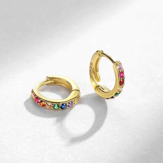 Gouden creolen met veelkleurige zirkonia steentjes, 8 mm x 3 mm.