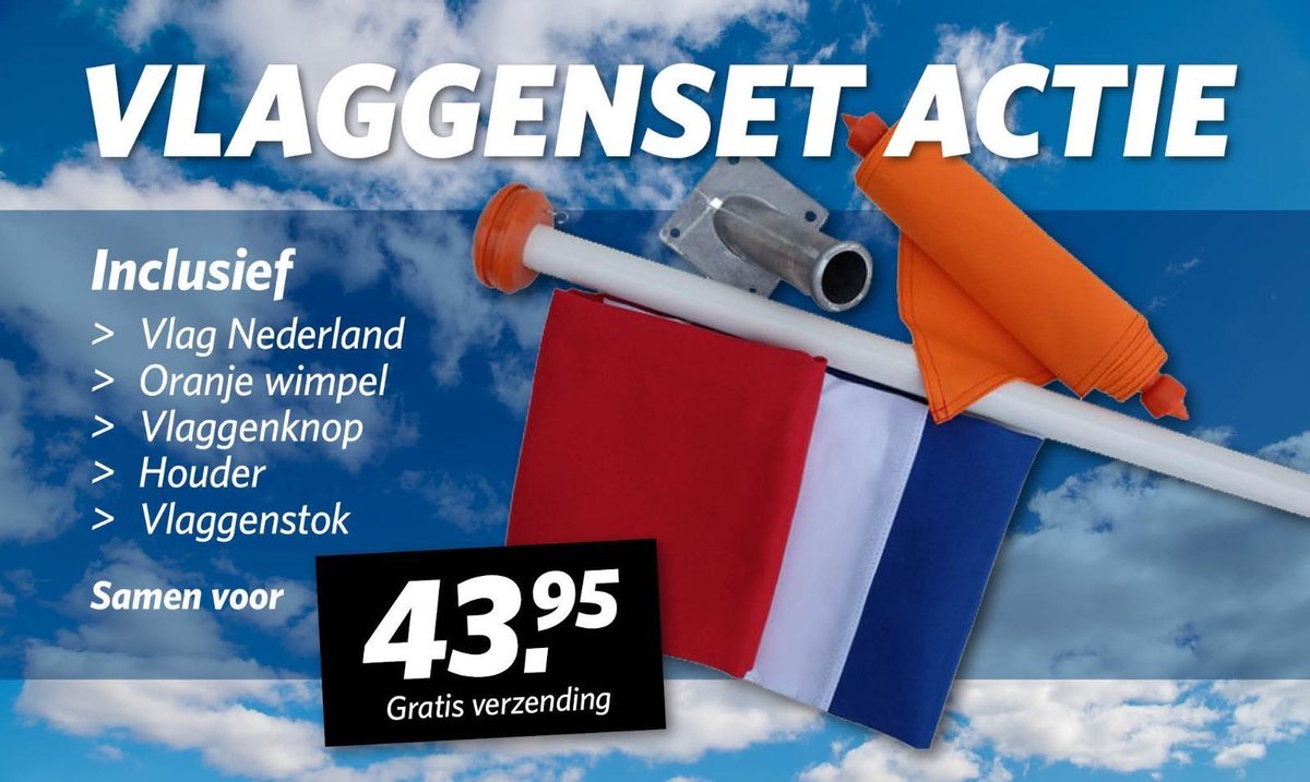 Nederlandse vlag - Wimpel - Vlaggenstok - Vlaggenstokhouder - complete set - actieprijs - Spin-Off vlaggen