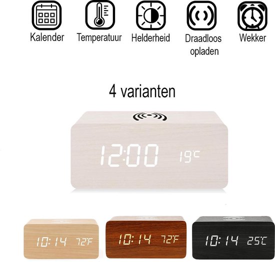 Houten wekker met draadloos opladen - Thermometer functie - Alarm wekker -  Digitaal -... | bol.com