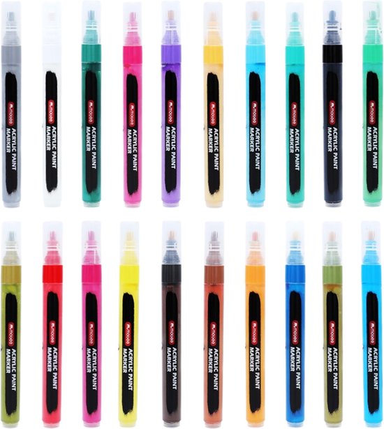 HappyStone Acryl marker stiften 20 kleuren | 2 mm | inclusief Sjablonen |  Acrylverf |... | bol.com