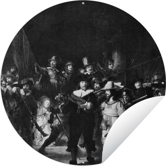 Tuincirkel De Nachtwacht in zwart-wit - Schilderij van Rembrandt van Rijn - 90x90 cm - Ronde Tuinposter - Buiten