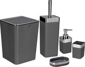 Badkamer Accessoires - Grijs -Vijfdelig set - Zeepdispenser – Tandenborstelorganizer – Toiletborstel & -houder – Prullenbak