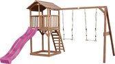 AXI Beach Tower Speeltoestel in Bruin - Speeltoren met Dubbele Schommel, Paarse Glijbaan en Zandbak - FSC hout - Speelhuis op palen voor de tuin