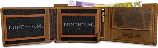 Bruine Lundholm portemonnee open met geld, kaarten, ritsvak en 'Echt Leder' opdruk.