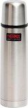 Zilverkleurige thermosfles met zwarte band en rode Thermos-logo. 'Light & Compact' staat erop.