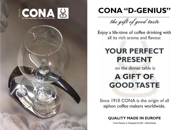 CONA 'Size D-Genius All-Glass' coffee maker, nieuwe 2026 uitvoering.
