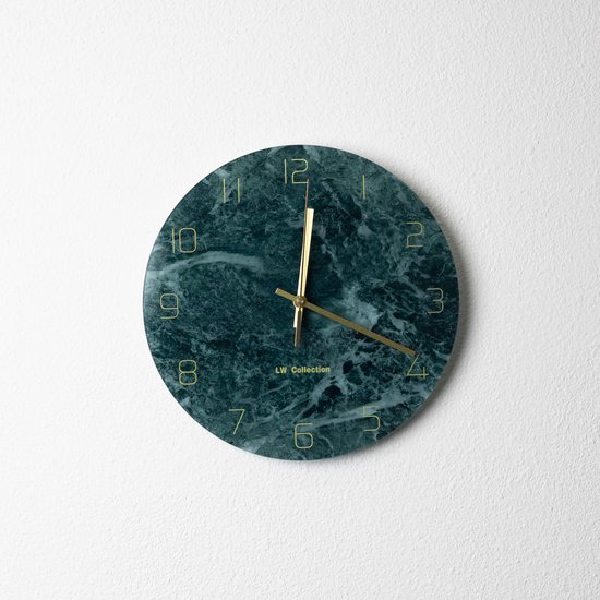 LW Collection - Horloge murale verre marbre vert horloge murale horloge ronde marbre vert mains dorées chiffres or verre