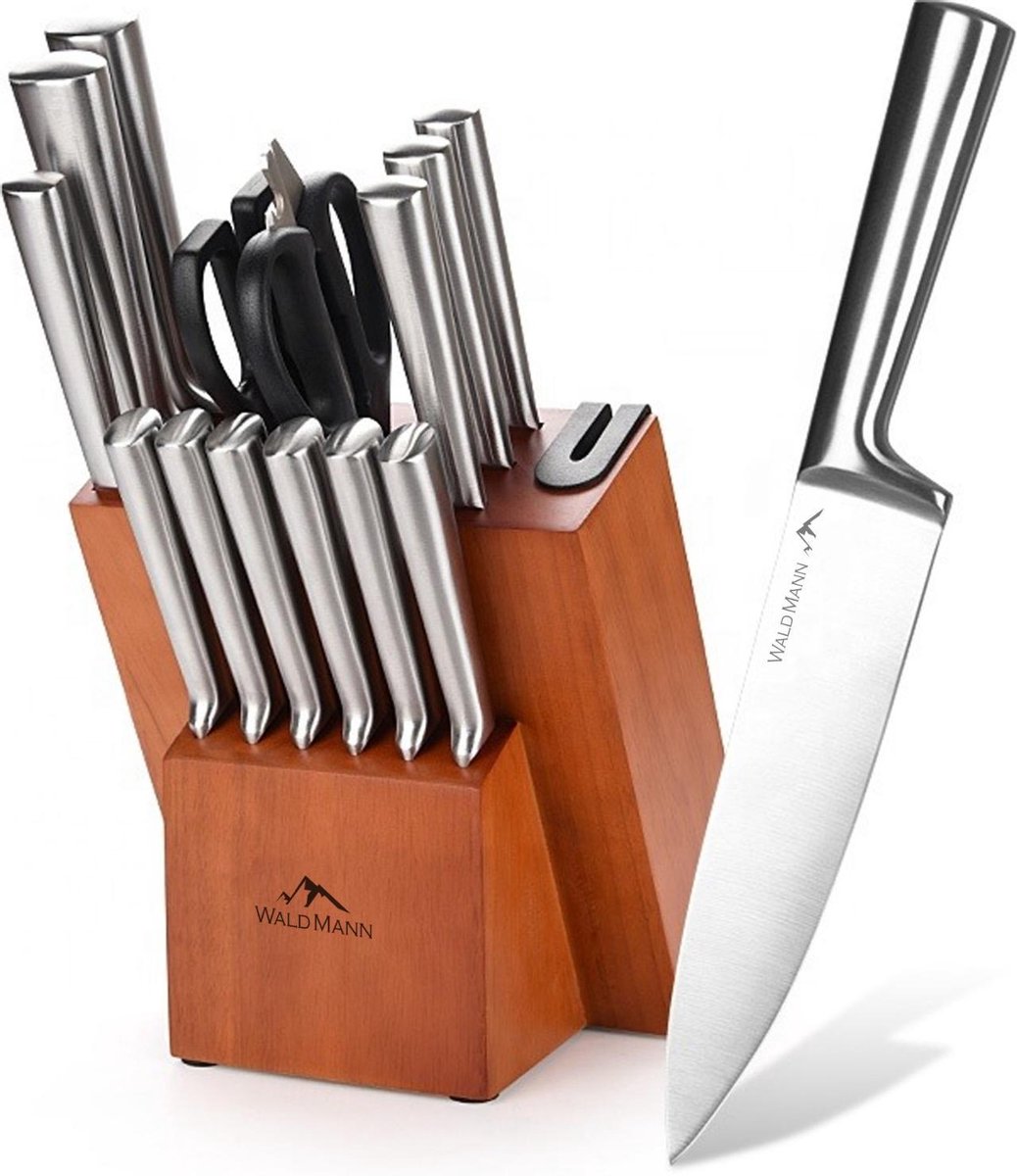 KitchenBrothers Set de couteaux - Bloc de couteaux - 16 pièces -Ustensiles  De Cuisine - Ensembles - Blocs - Knife Set - Avec Ciseaux Et Fusil À