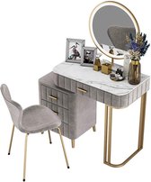 Monkey's Luxe Kaptafel – Make up Tafel Voor Vrouwen - Met Kruk - Grijs - Marmer Textuur - Velvet - Met LED Spiegel - Kaptafels - 80 x 40 x 60 cm