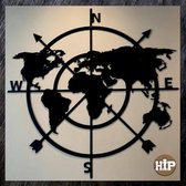 Hip-Wonen.nl - Kompas Ø 60 cm - Wanddecoratie Metaal Zwart - Metalen wereldkaart Wandpaneel - cadeau tip